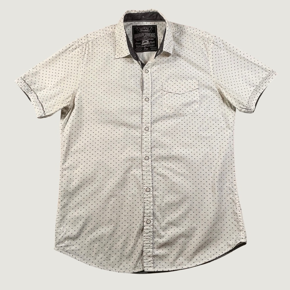 Men's L White Micro Print Button Up Shirt Short Sleeve Cotton Casual Pocket